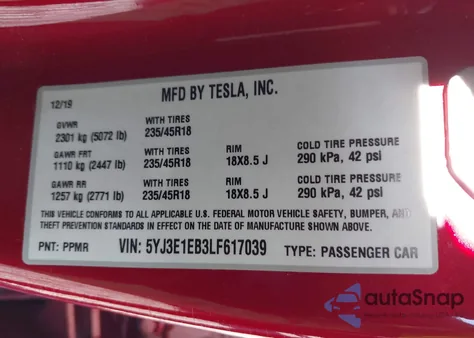 2020 Tesla Model 3 Long Range Dual Motor All-Wheel Drive from USA, damaged, VIN 5YJ3E1EB3LF617039